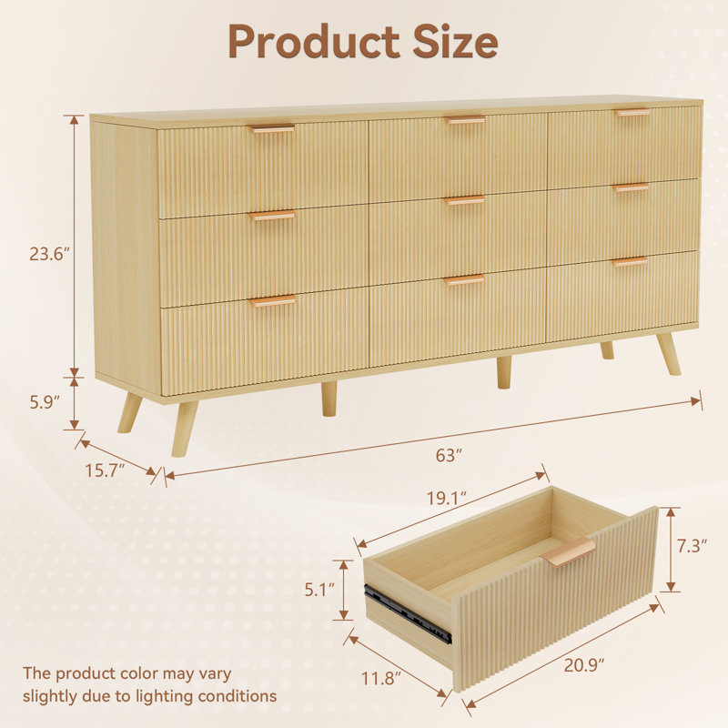 Commode 9 tiroirs moderne avec poignées en métal doré et pieds en bois - Commode minimaliste pour la chambre à coucher ou le salon