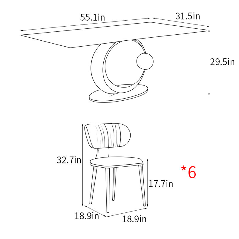 Modern creative rectangular dining table sets, 29.5"H x 55.1"L x 31.5"W