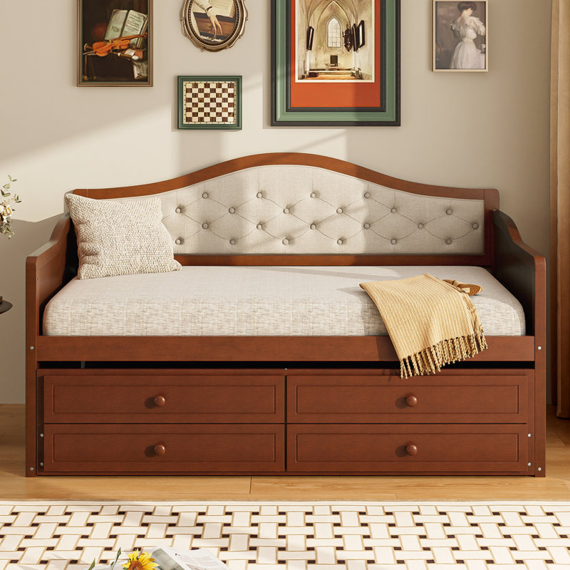 Upholstered Daybed With Trundle And Tufted Backrest, Walnut