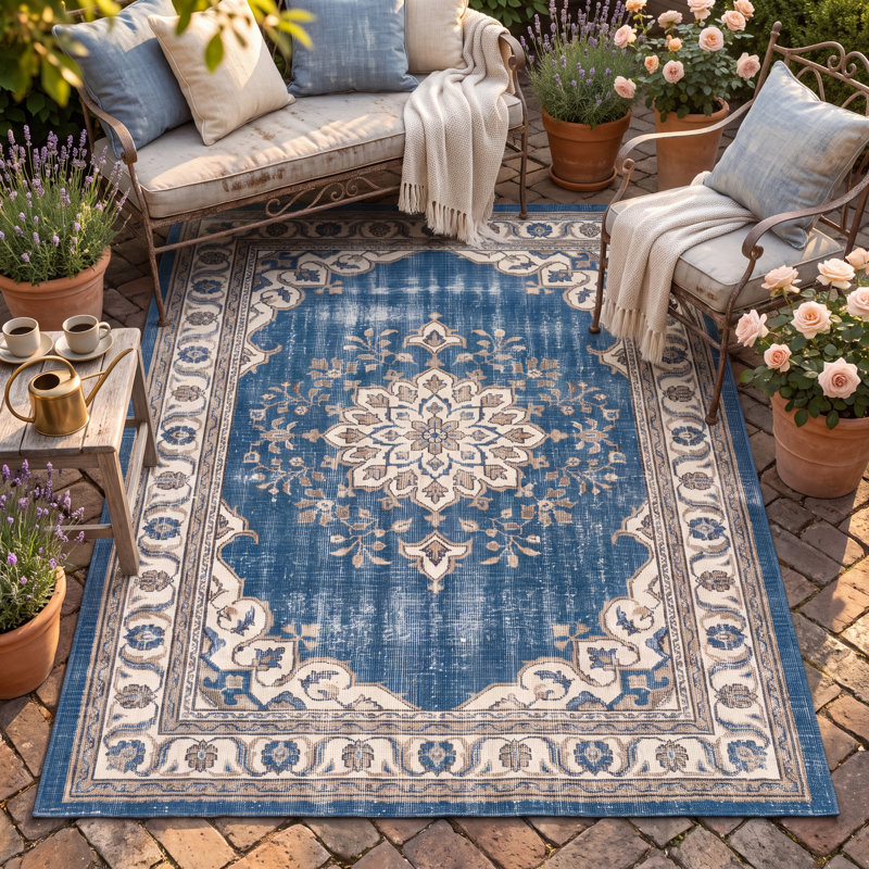 Tapis Chromite d'aspect vintage bleu ivoire or gris beige antidérapant à poils courts pour l'intérieur et l'extérieur, adapté aux animaux domestiques, salon, chambre, salle à manger, entrée, couloir, bureau, lavable