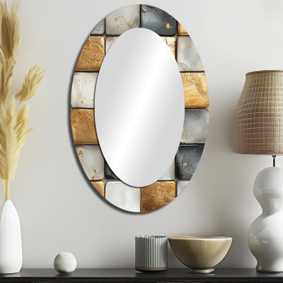 Grey Inca Legacy Golden Mosaic I - Miroir mural ovale gris de style bohème