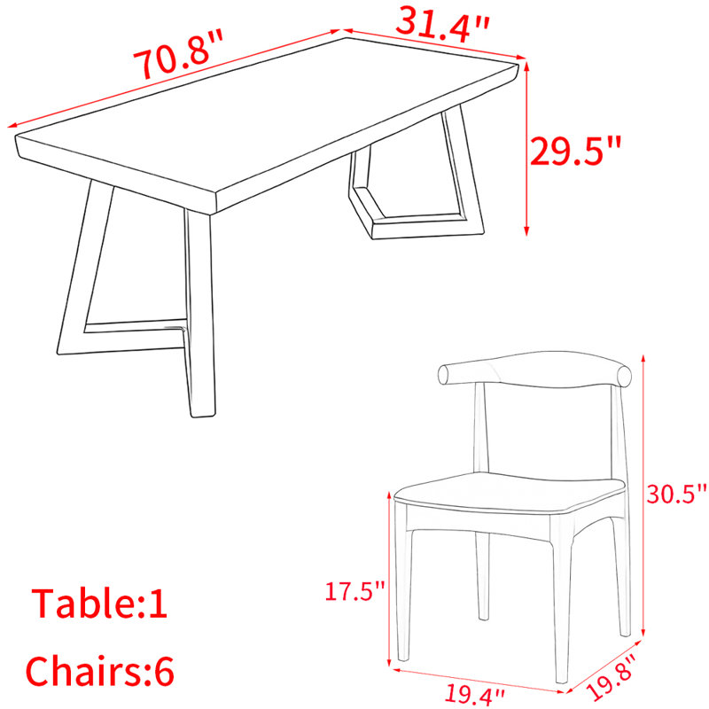 Ensemble de table de salle à manger en bois massif de style américain., H 29,5 po x L 70,8 po x l 31,4 po