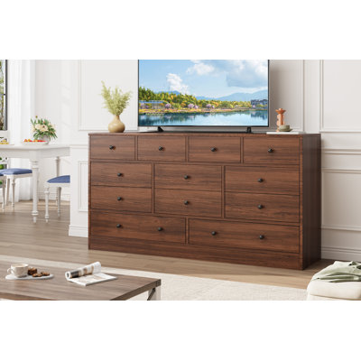 Commode 12 tiroirs en bois avec station de charge pour chambre à coucher - Coffre long de 61 po - Grand rangement, meuble télé pour enfants, chambre de bébé, placard, salon - brun foncé