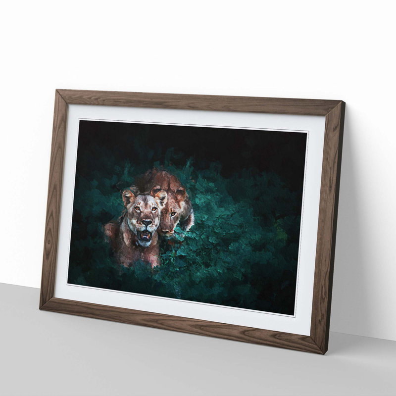Two Lions in the Shadows - Picture Frame Painting Print, Walnut Framed, 36cm H x 48cm W x 2cm D