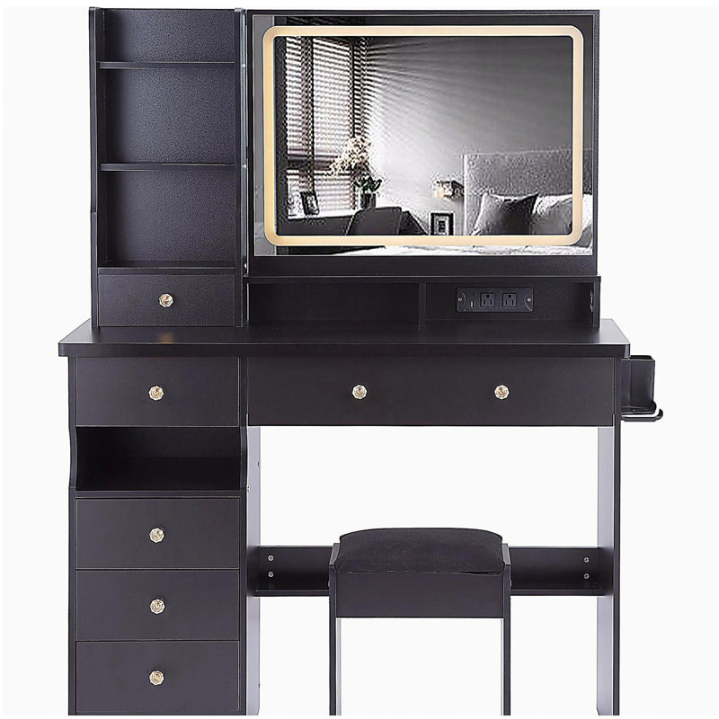 41" Large Size Left Drawer Desktop Vanity Table+Cushioned Stool Dresser Set, 2 AC+2 USB Power Station, Hair Dryer Stand, Extra Large Touch Control LED Mirror, 3-color Switch, EPA, GCC, UL Certificate