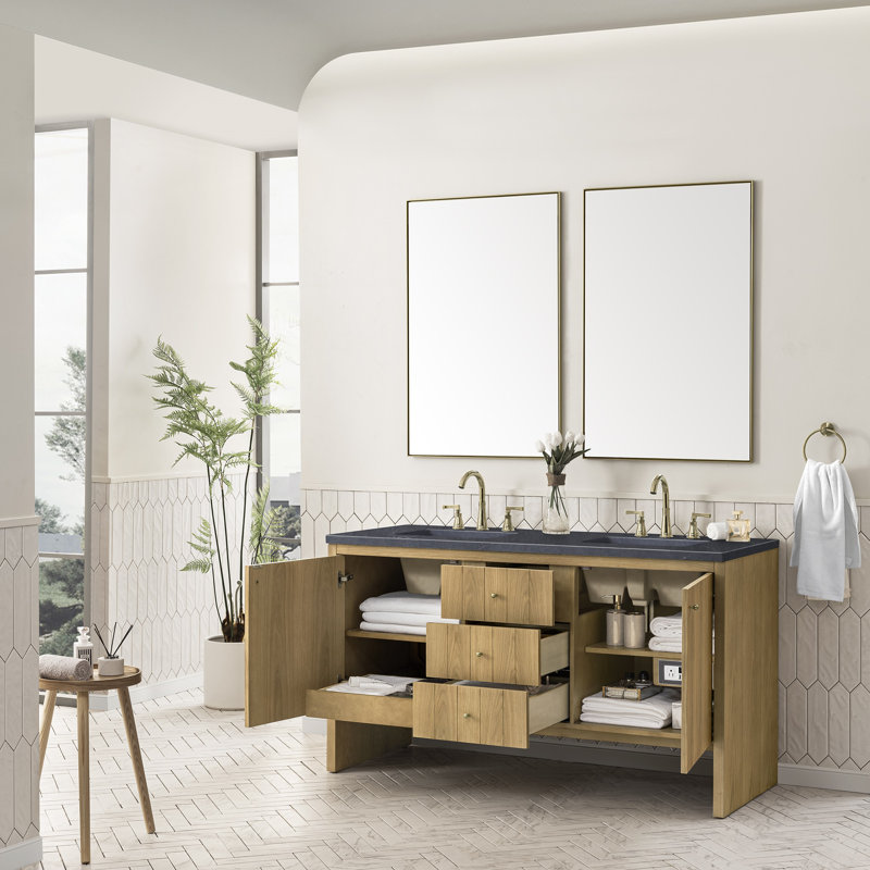 Hudson 60'' W Double Vanity, Charcoal Soapstone, 8" Widespread, Light Natural Oak
