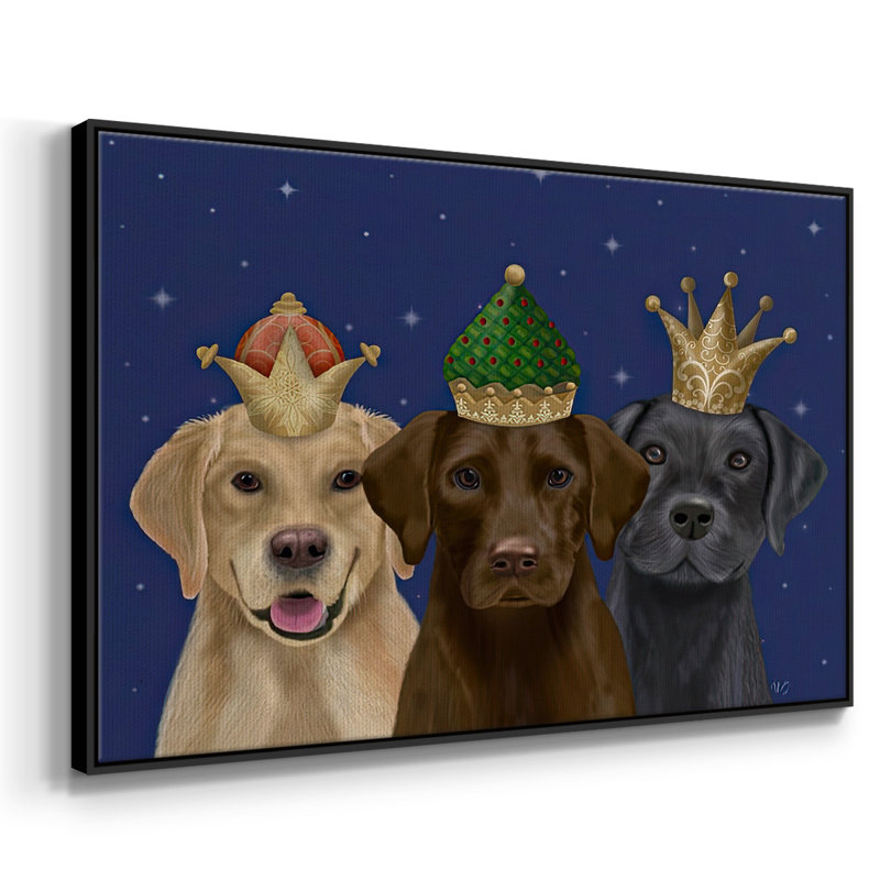 «Christmas Labradors, Three Kings», reproduction d'art sur toile, Cadre flottant noir, H 17 po x l 25 po x P 1,5 po