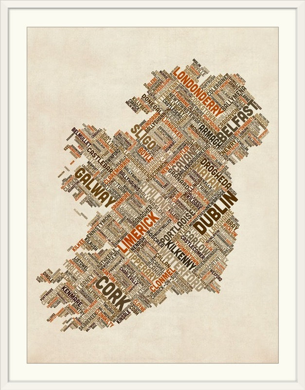 Art textuel de Francy, «Ireland Eire City Text Map» par Abarca, H 32 po x l 26 po x P 1 po, Cadre blanc