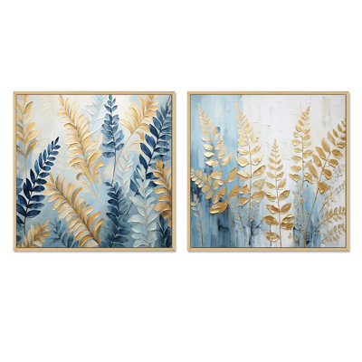 Fougères bleues et dorées Symphonie II - ensemble de 2 collages carrés de fougères