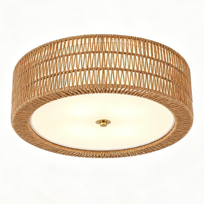 Boho Rattan Flush Mount Ceiling Light, 5-Light Modern Farmhouse Woven Light Fixture for Bedroom Hallway