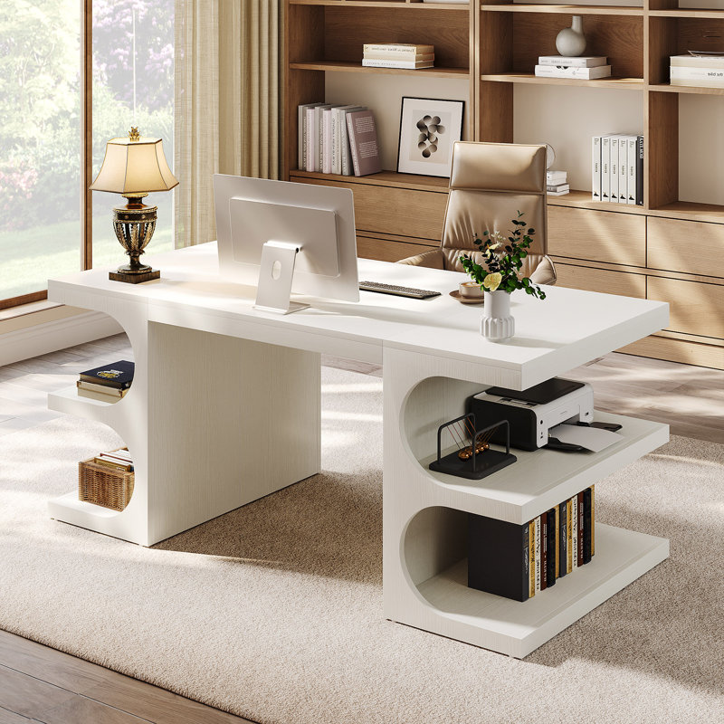Bureau de direction 63 po blanc, bureau d'ordinateur moderne avec tablettes de rangement pour bureau personnel