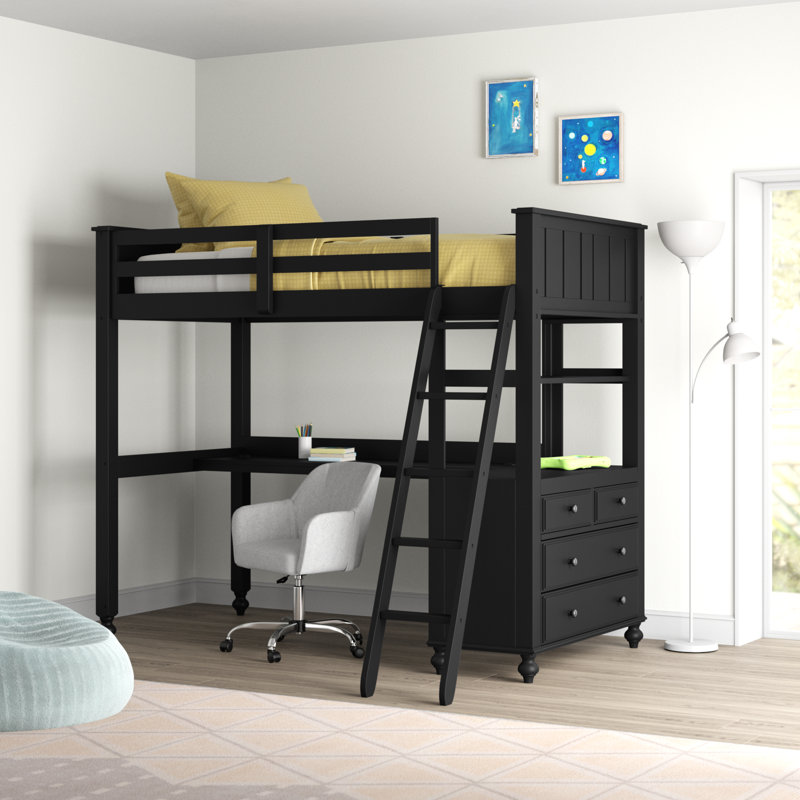 Lit mezzanine en bois massif avec bureau intégré Adriel, Base de couleur blanche, Simple