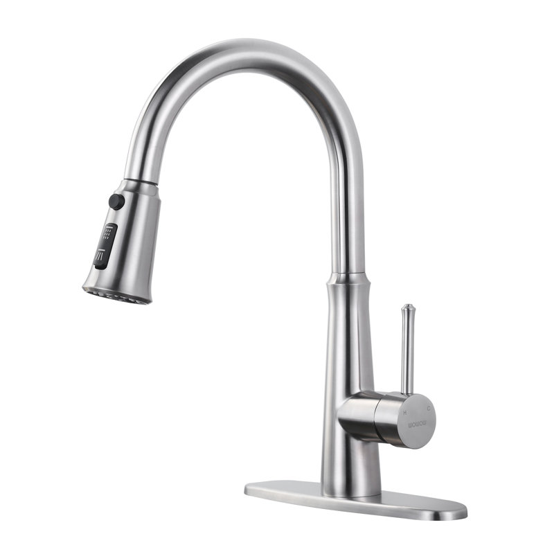 Robinet de cuisine à poignée simple en acier inoxydable avec douchette 3 modes, Argent