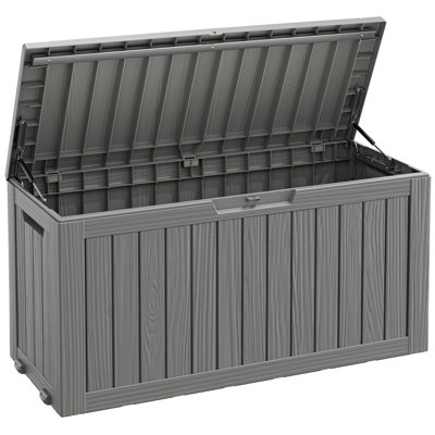 Large Outdoor Resin Deck Box with Hydraulic Soft Close Lid – Waterproof Lockable Storage Bin with Wheels & Built-in Handle