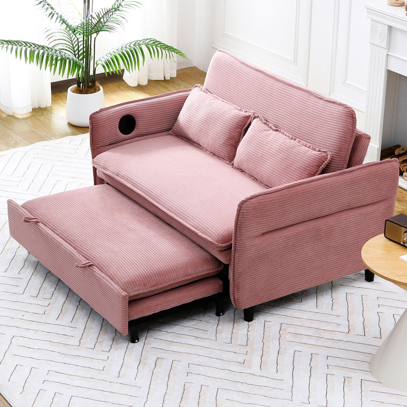 Lit de 65,17 pouces de couleur rose avec tissu à rayures, accoudoirs réglables et pour la détente, lit escamotable temporaire pour la nuit, lit multifonctionnel à 2 places, visionnage de films, placement de main courante