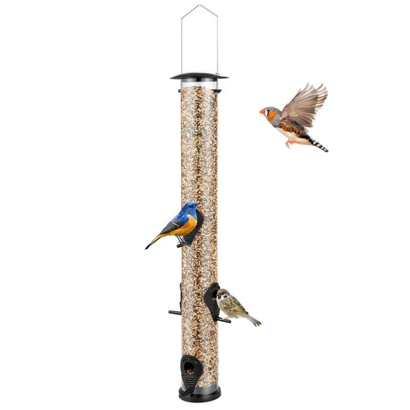 Mangeoire d'oiseaux à haut tube - Mangeoire d'oiseaux sauvages suspendue durable pour oiseaux sauvages - haute, conception à 4 ports