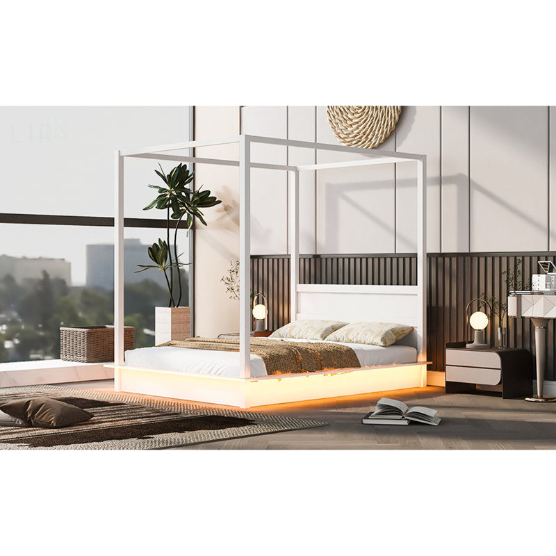 Grand lit à baldaquin en bois à DEL avec lattes de soutien, aucun sommier nécessaire, design moderne et élégant