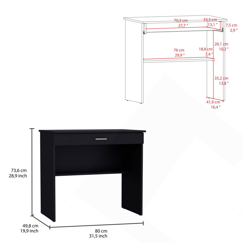 Bureau d'écriture 80 C, poste de travail compact avec tiroir et tablette inférieure, Noir