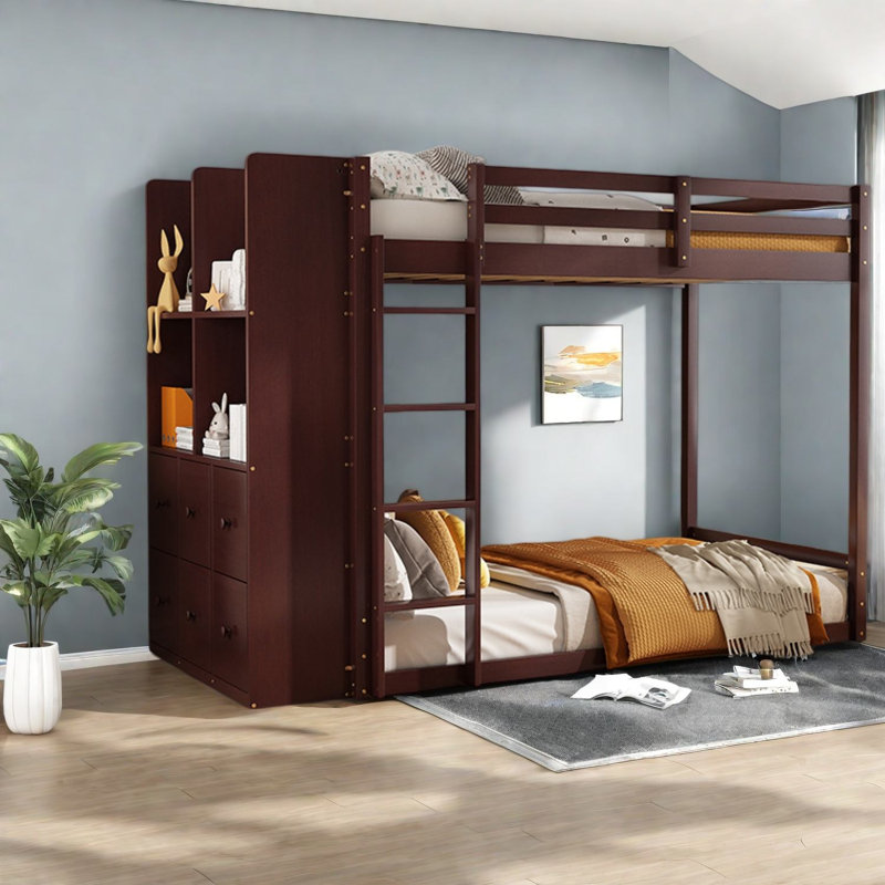 Lits jumeaux superposés avec rangement et éclairage DEL, structure en bois MDF, chambre d'enfant moderne, Brown
