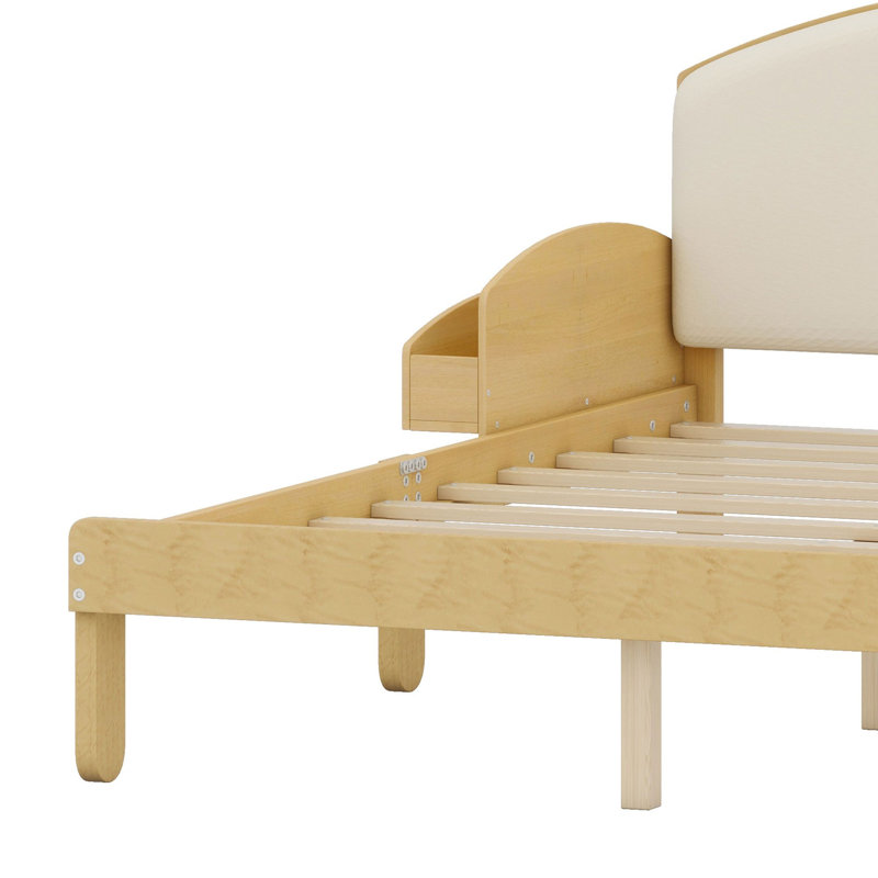 Cadre de lit avec tête de lit rembourrée incurvée, étagères de rangement latérales et pieds arqués, Double, Naturel