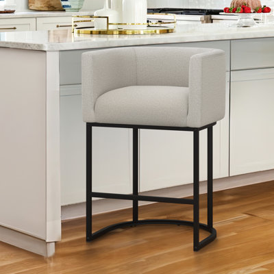 27" H Counter Height Bar Stools, Modern Barrel Counter Stools With Backrest And Arms, Black Metal Frames, Linen Fabric Upholstered Accent Barstools For Kitchen Island