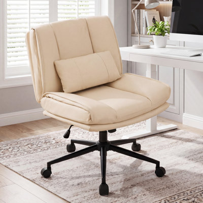 Chaise de bureau Criss Cross avec roulettes, fauteuil pivotant à large siège sans accoudoirs, similicuir à hauteur réglable, beige