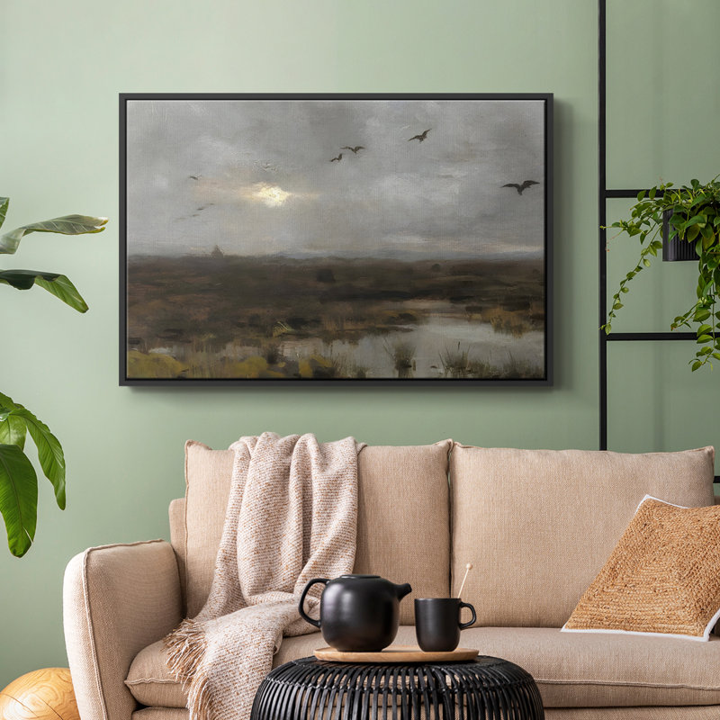 Paysage rétro-DLXIX, Toile avec cadre flottant noir, H 27 po x l 41 po x P 2 po