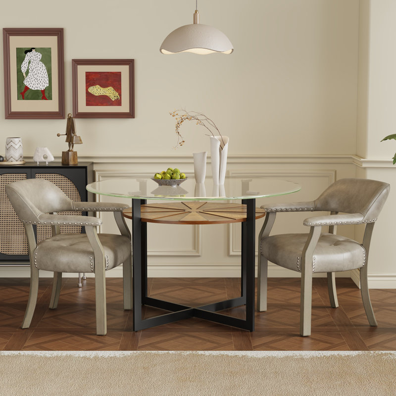LUMERA Collection Tufted Arm Dining Chair Light Gray, Light Gray, Granite Green