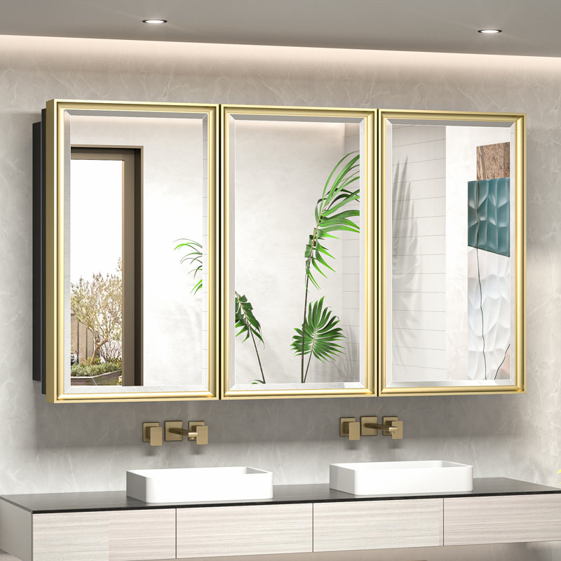 Chouchanik Recessed and Surface Framed 3 Door Medicine Cabinet with Mirror and Shelves, 30" H x 48" W x 5.2" D, Gold