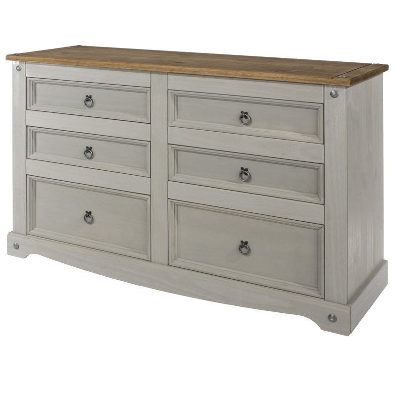 Wes 6 Drawer (3+3) Wide Chest of Drawers, Pine Wax Finish, Corona Design, Grey