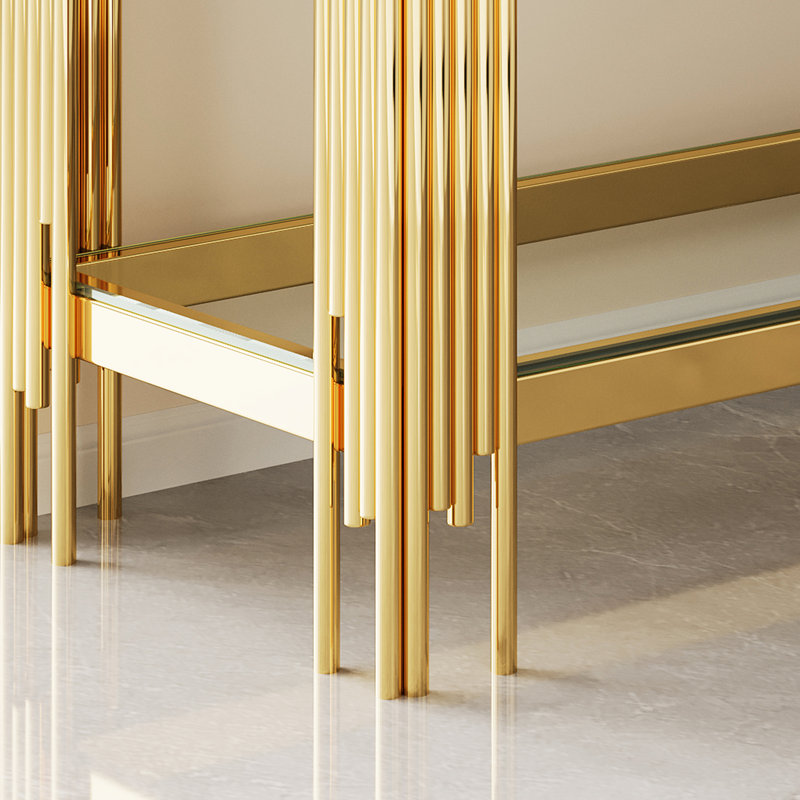 La console avec cadre en acier inoxydable doré et verre double couche rehausse la beauté intérieure de la maison