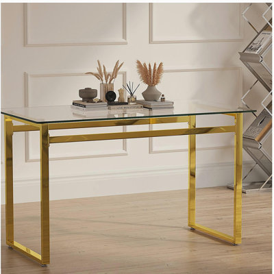 Table de salle à manger de 51 pouces de style rectangulaire minimaliste moderne en verre, convenant à 4 à 6 personnes, plateau en verre trempé de 0,31 pouce et pieds en métal chromé doré