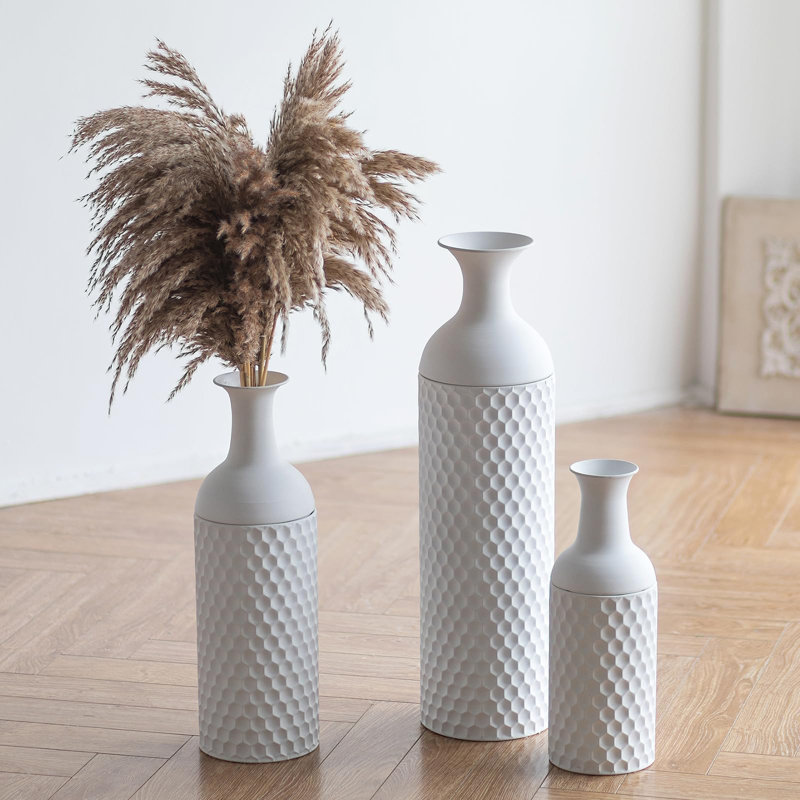 Ensemble de 3 vases de plancher en métal blanc, grands vases cylindriques avec couvercles amovibles pour le salon, la chambre à coucher ou le bureau, décoration de maison moderne et rustique