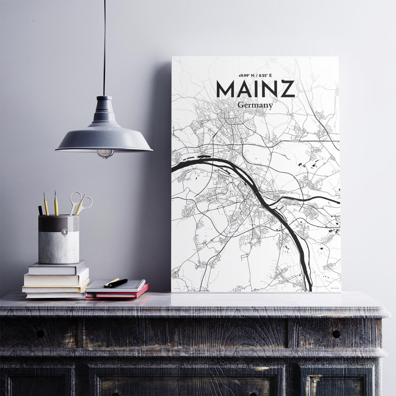 Mainz, carte de la ville, impression, H 27,6 po x l 19,7 po, Noir et blanc