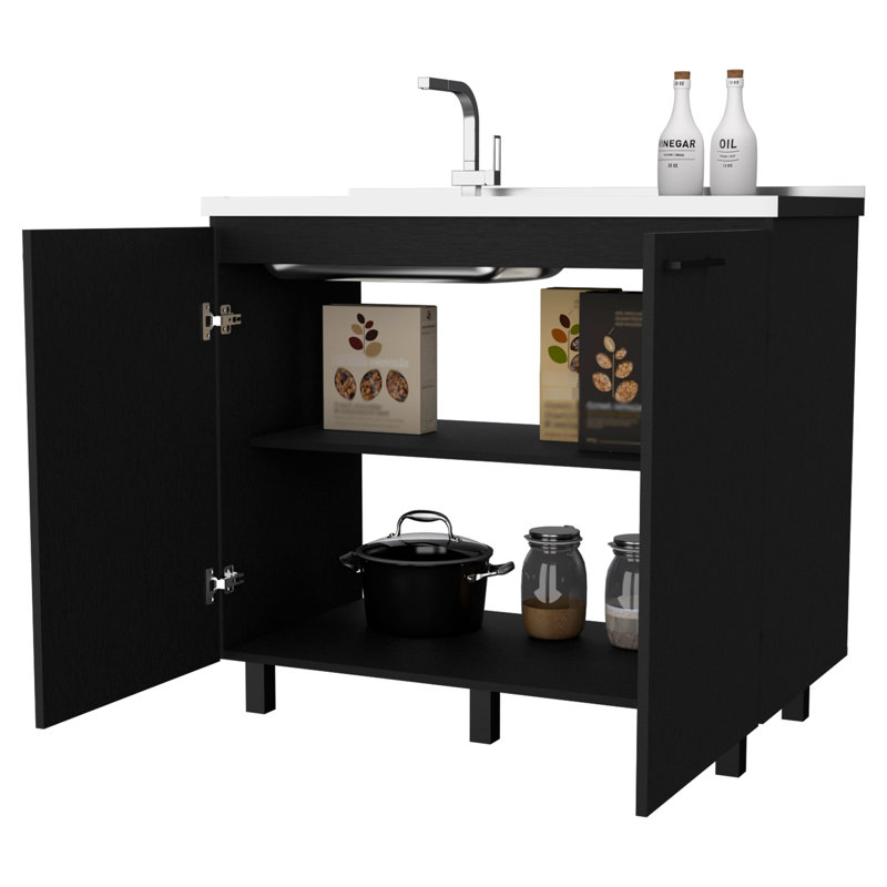 2 éviers utilitaires et une armoire en noir avec rangement fonctionnel pour portes de cuisine, Black