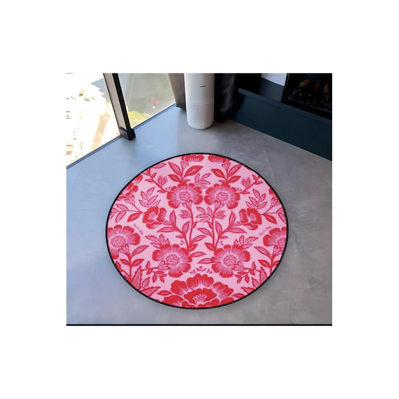 Pink Themed Floral Patterned Round Woven Base Modern Decorative Carpet, Round 5'