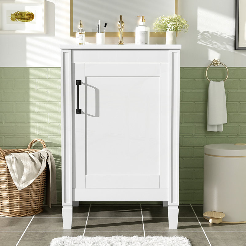 Meuble-lavabo compact avec lavabo en céramique et fabrication en bois massif pour petits espaces, Blanc