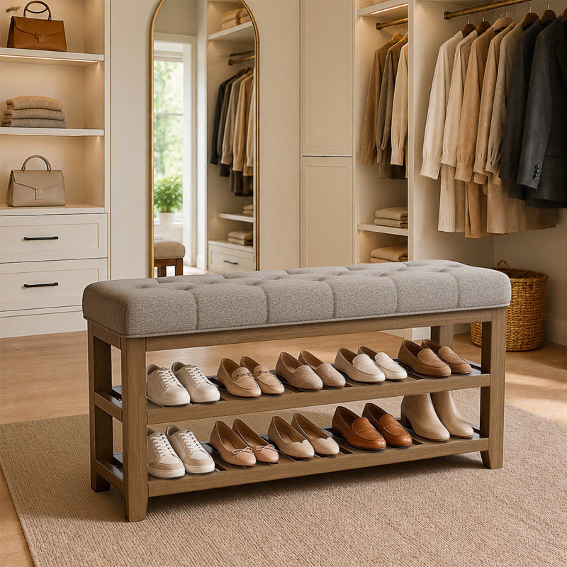 Upholstered Bench with Shelves, 45.28 inch, Taupe