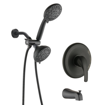 Wall Mounted Shower System With Tub Spout - Matte Black. 2 In 1 Dual Faucet Valve. 7 Spray Modes For Stress Relief. All Metal. 1.8 Gpm Flow Rate. 59" Hose Length. 1/2" Connection Black High Faucet.
