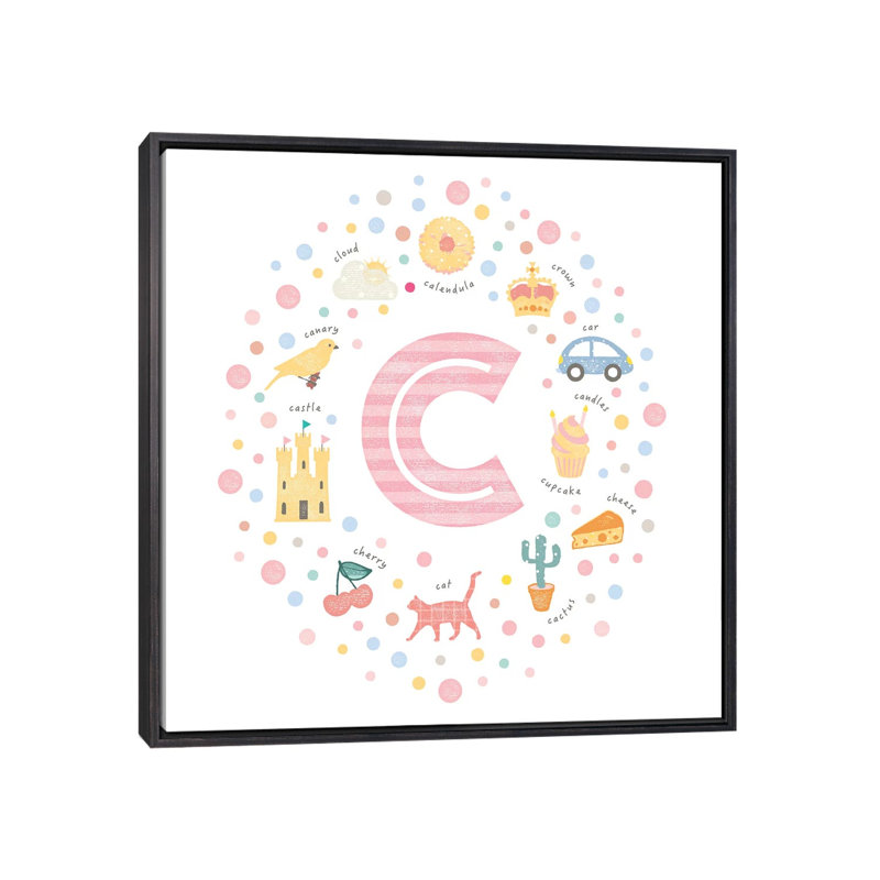 Lettre illustrée C rose - impression, Pas de tapis, H 37 po x l 37 po x P 1,5 po, Toile avec cadre noir patiné