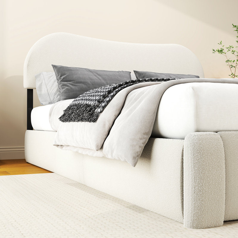 Boucle Upholstered Bed Frame with Headboard, Modern Bed Frame with 4 Underbed Drawers, No Spring Needed, Rounded Corners