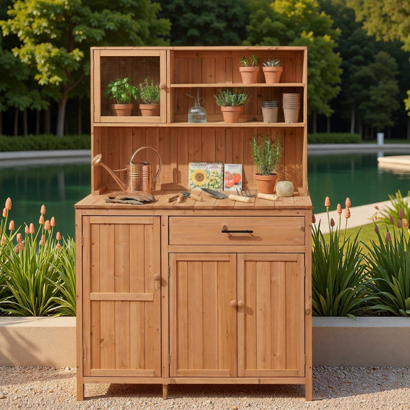 Banc de rempotage avec huche, grand comptoir, tablettes réglables, support à épices, crochets latéraux et tiroir, Natural
