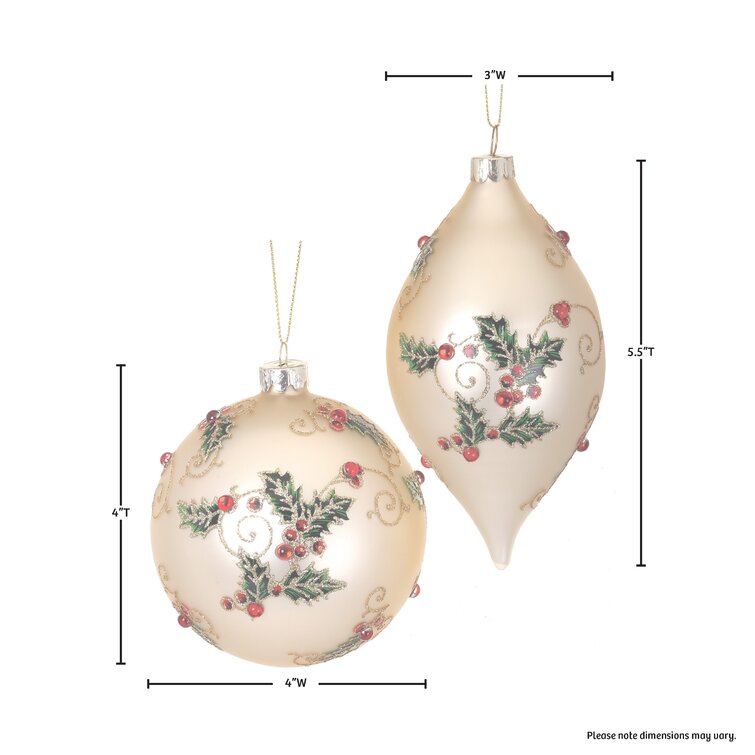 Velvet Ball/Onion/Finial Holly Ornament Set: White — Holiday Whimsy