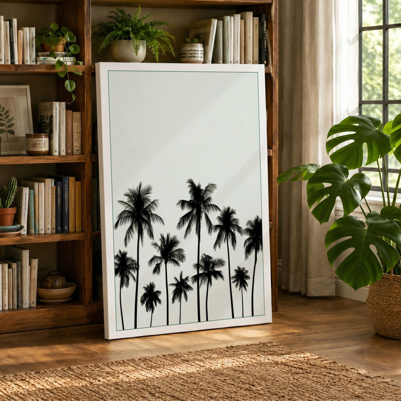 Palm Trees at Dusk Minimalist - Wrapped Canvas, 18x12 - 45.7 x 30.5 cm, Teal Border