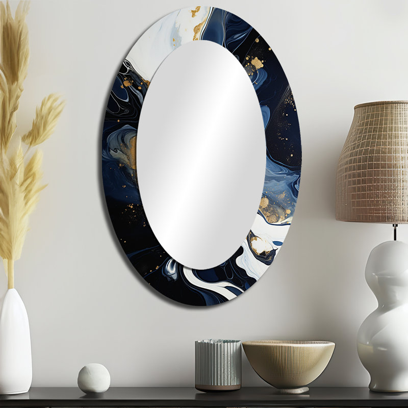 Miroir mural ovale doré et bleu à encre liquide abstraite de tourbillons IV, 36 po x 24 po