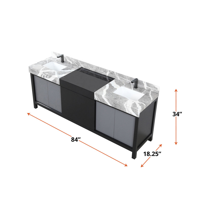 Ensemble de meuble-lavabo double avec plateau en marbre gris château et robinet en métal