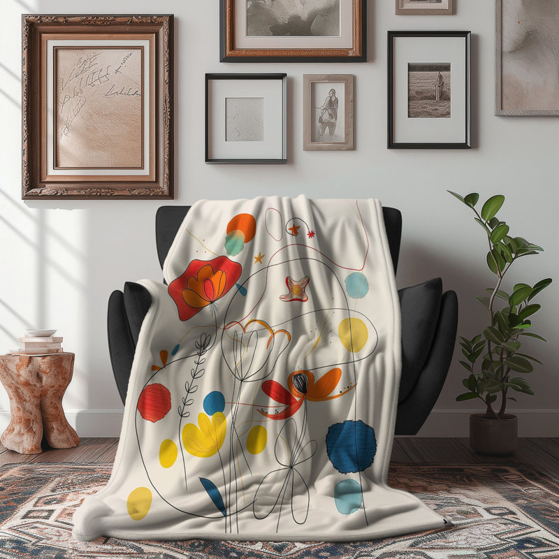 Boho chic, croquis de fleurs - couverture sherpa 1 pièce de qualité supérieure - reproduction d'art luxueuse, Lit simple