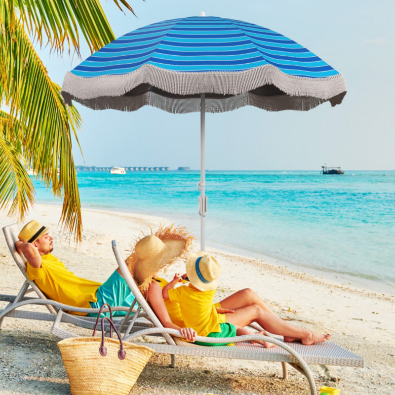 6.5 FT Beach Umbrella With Fringe Outdoor Tassel Umbrella With Push Button Tilt