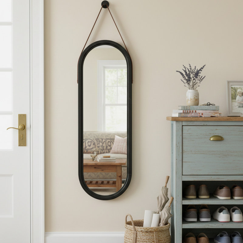 Arched Full-Length Paulownia Wood Wall Mirror With Hanging Strap