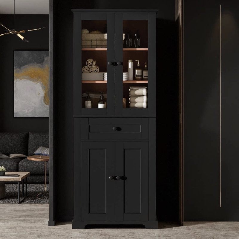 67.5" Glass Door Linen Tower — Tempered Elegance & Soft-Close Serenity for Your Curated Bath, Black